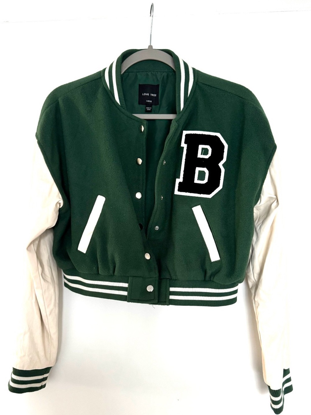 Love Tree Green and White Cropped Varsity Jacket with 'B' Patch